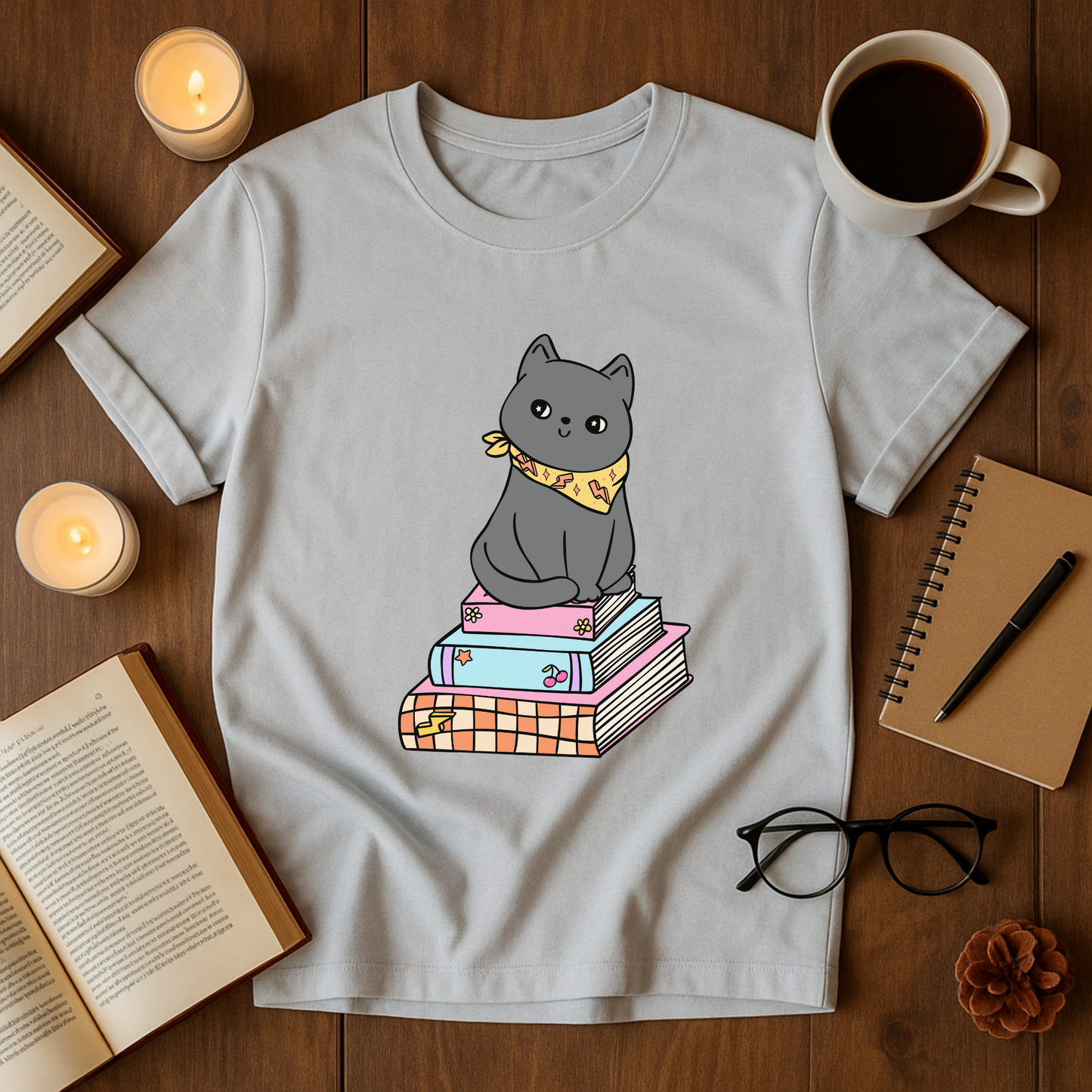 Grey Cat With Books Softstyle T-Shirt