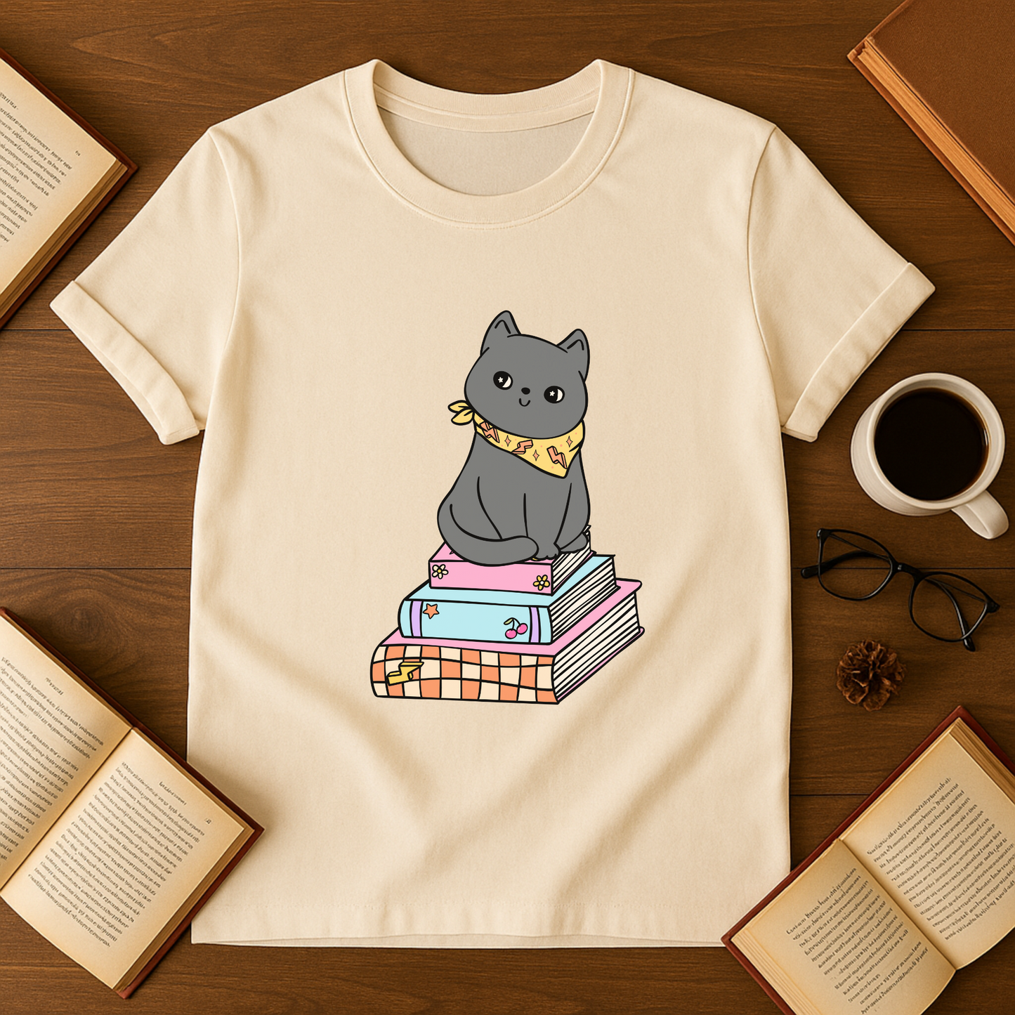 Grey Cat With Books Softstyle T-Shirt