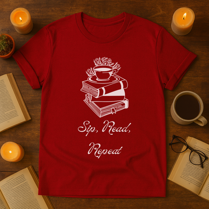 Sip. Read. Repeat. Unisex Softstyle T-Shirt for Book Lovers, Reading Gift, Literary Apparel, Cozy Tee, Bookworm Style