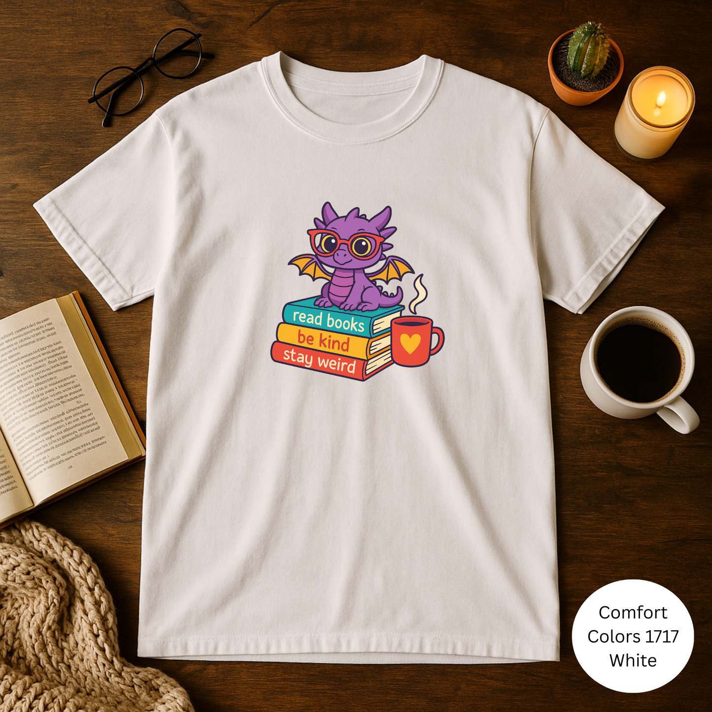 T-shirt - Read Books, Be Kind, Stay Weird, Cute Dragon Tee