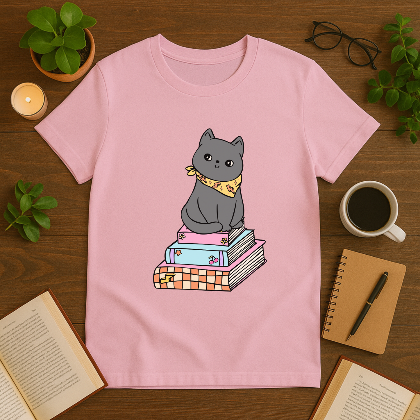 Grey Cat With Books Softstyle T-Shirt