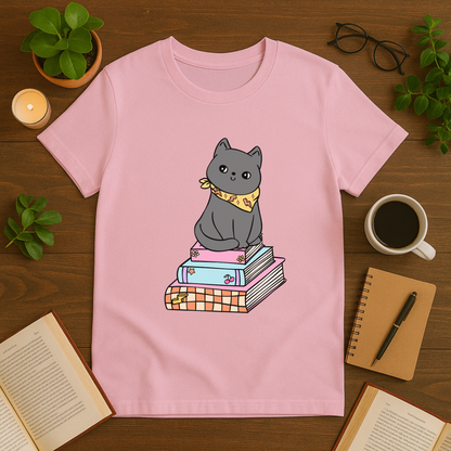 Grey Cat With Books Softstyle T-Shirt